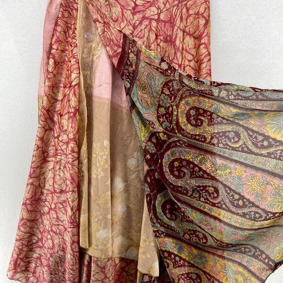 Silk Skirt L Peasant Boho Flare Reversible Wrap Midi Layered Tie Side Pink - Picture 6 of 11